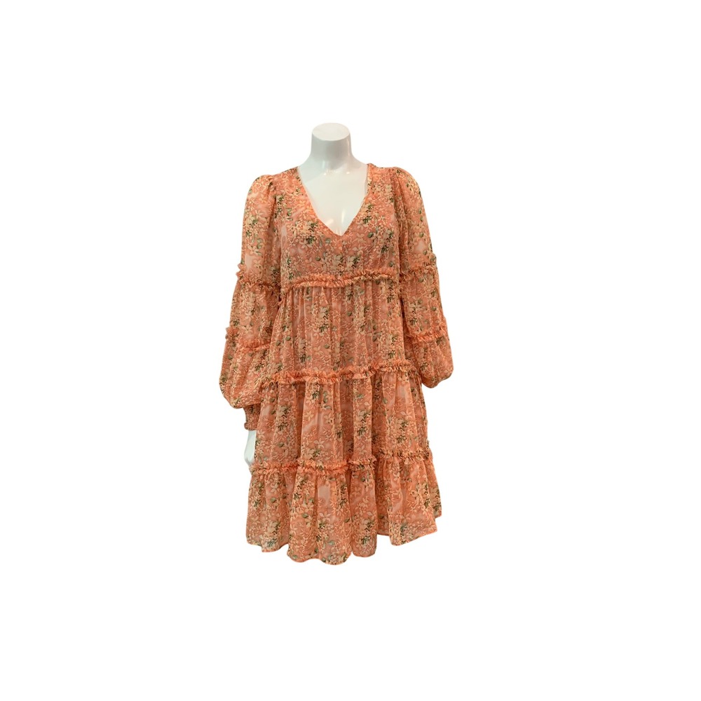 Kori Tiered Mini Dress Medium Peach Floral Boho Ruffle V-Neck Long Sleeve